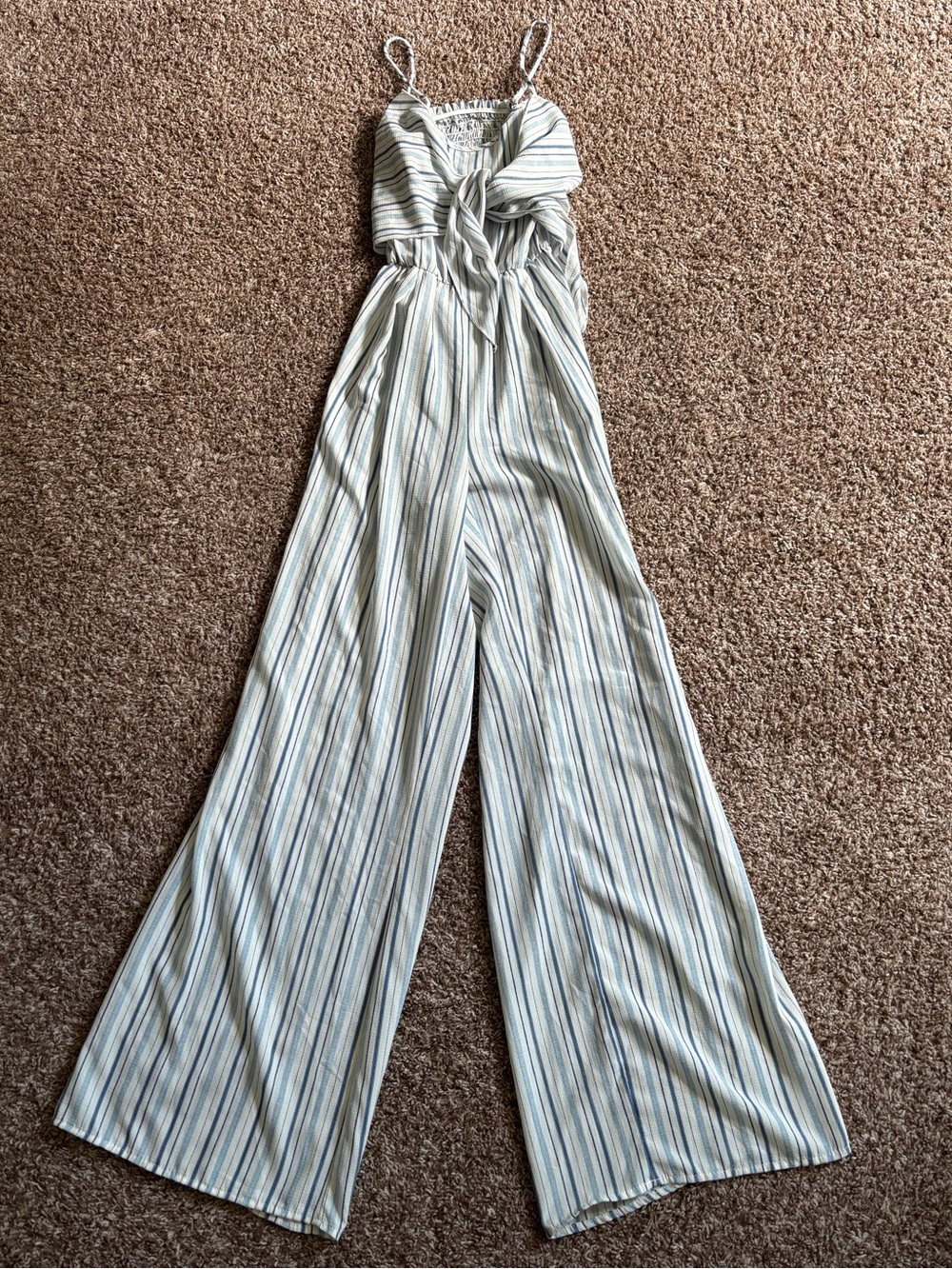 a'gaci White and Blue Striped Wide-Leg Jumpsuit